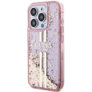 Etui na telefon iPhone 15 Pro Guess różowe Liquid Glitter Gold Stripes