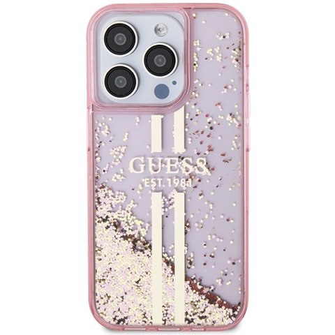 Etui na telefon iPhone 15 Pro Guess różowe Liquid Glitter Gold Stripes