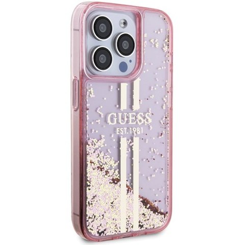 Etui na telefon iPhone 15 Pro Guess różowe Liquid Glitter Gold Stripes