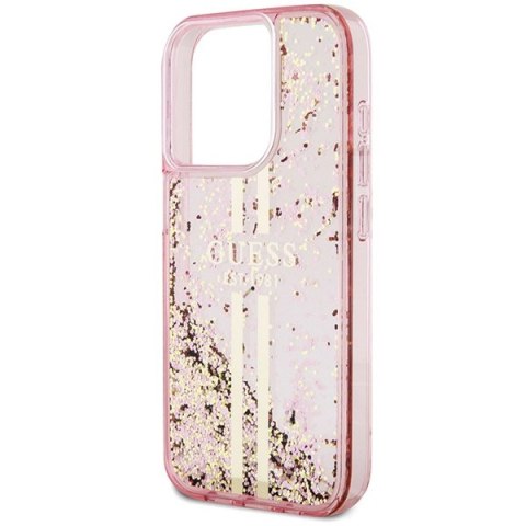 Etui na telefon iPhone 15 Pro Guess różowe Liquid Glitter Gold Stripes