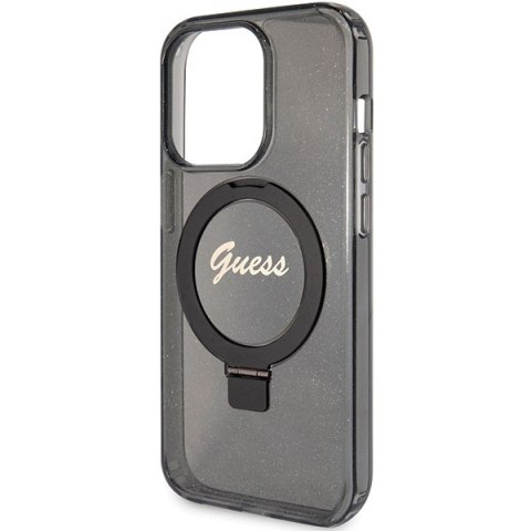 Etui na telefon iPhone 15 Pro Guess Ring Stand MagSafe Glitter czarne