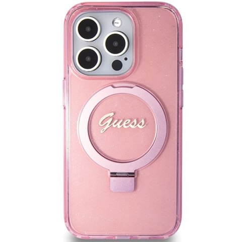 Etui na telefon iPhone 15 Pro Guess Ring Stand MagSafe różowe glitter