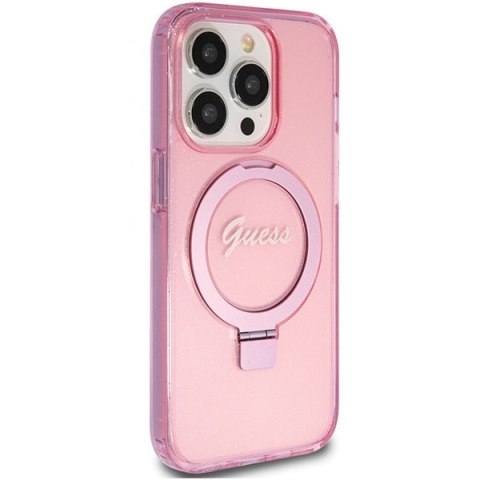 Etui na telefon iPhone 15 Pro Guess Ring Stand MagSafe różowe glitter