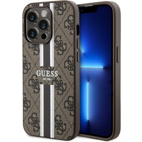 Etui na telefon iPhone 15 Pro Guess 4G MagSafe brązowe paski