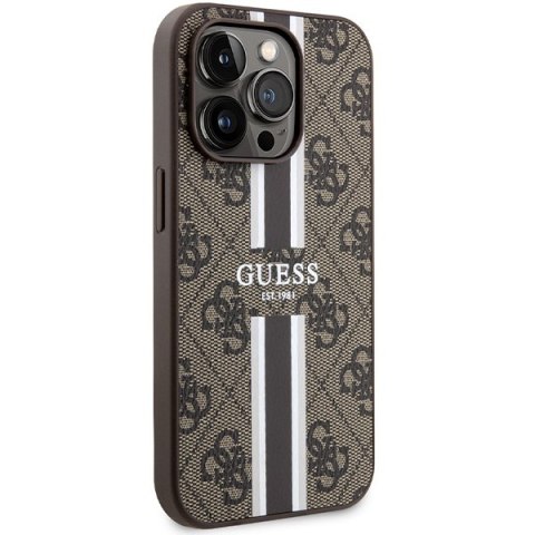 Etui na telefon iPhone 15 Pro Guess 4G MagSafe brązowe paski