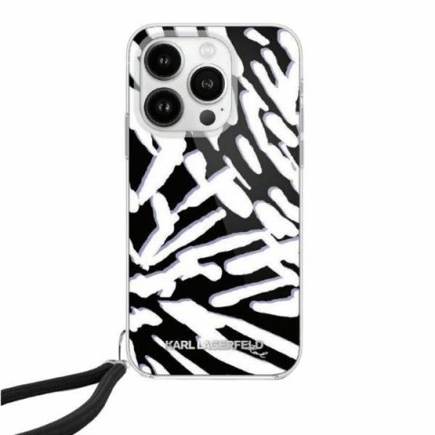 Etui na telefon iPhone 15 Pro Karl Lagerfeld czarne wzór zebra z cordem