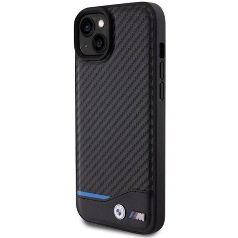 Etui na telefon iPhone 15 Plus / 14 Plus BMW czarne skórzane Carbon