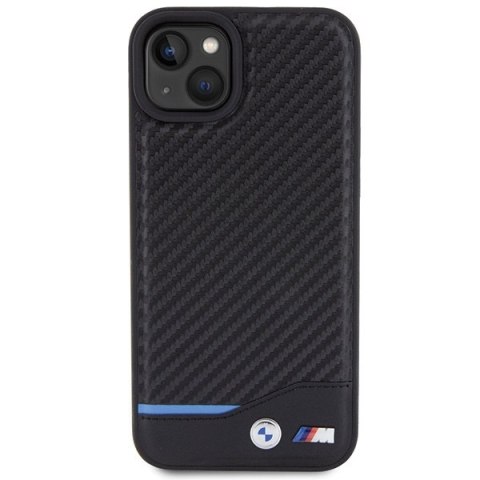 Etui na telefon iPhone 15 Plus / 14 Plus BMW czarne skórzane Carbon