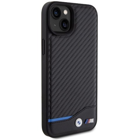 Etui na telefon iPhone 15 Plus / 14 Plus BMW czarne skórzane Carbon