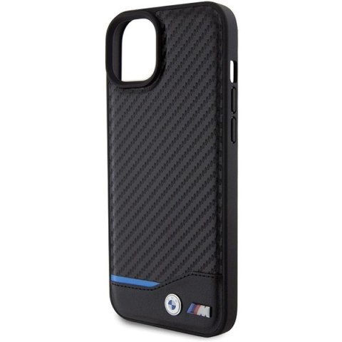 Etui na telefon iPhone 15 Plus / 14 Plus BMW czarne skórzane Carbon