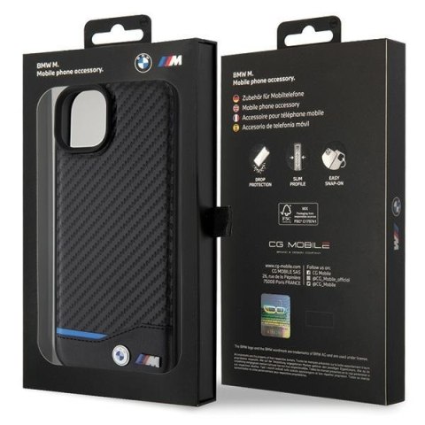 Etui na telefon iPhone 15 Plus / 14 Plus BMW czarne skórzane Carbon