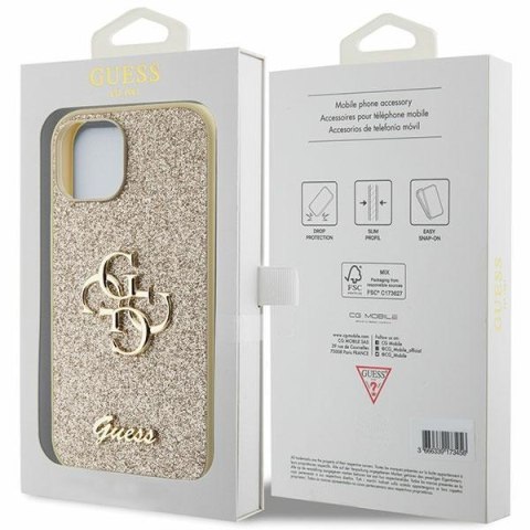 Etui na telefon iPhone 15 Plus/14 Plus Guess złote Glitter Script 4G