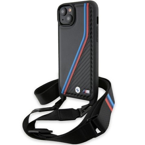 Etui iPhone 15 Plus / 14 Plus BMW czarne hardcase M Edition Carbon Tricolor Lines & Strap