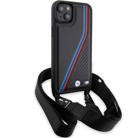 Etui iPhone 15 Plus / 14 Plus BMW czarne hardcase M Edition Carbon Tricolor Lines & Strap