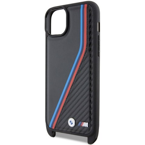 Etui iPhone 15 Plus / 14 Plus BMW czarne hardcase M Edition Carbon Tricolor Lines & Strap