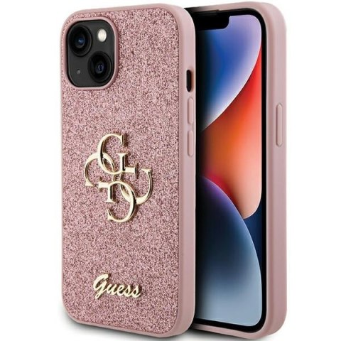 Etui na telefon iPhone 15 Guess różowe hardcase Glitter Script Big 4G