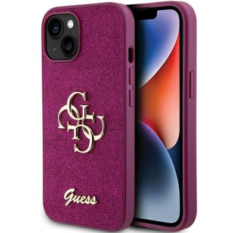 Etui na telefon iPhone 15 Guess fioletowe Glitter Script Big 4G