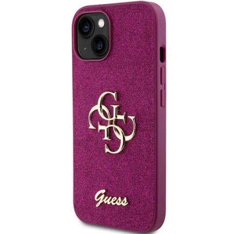 Etui na telefon iPhone 15 Guess fioletowe Glitter Script Big 4G