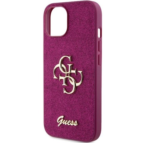 Etui na telefon iPhone 15 Guess fioletowe Glitter Script Big 4G