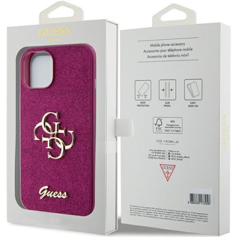 Etui na telefon iPhone 15 Guess fioletowe Glitter Script Big 4G