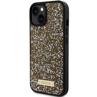 Etui na telefon iPhone 15 Guess żółte hardcase z logo Rhinestone