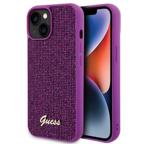 Etui na telefon iPhone 15 Guess fuksjowe hardcase Disco Metal Script