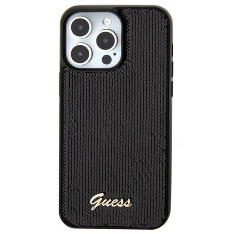 Etui na telefon iPhone 15 Guess czarne hardcase Sequin Script Metal