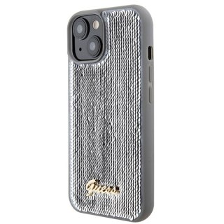 Etui iPhone 15 Guess srebrne hardcase Sequin Script Metal