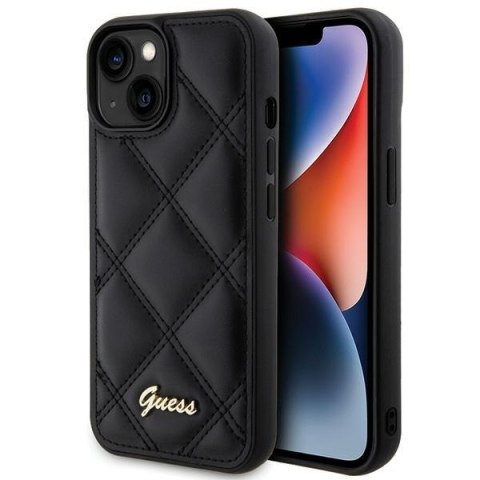 Etui na telefon iPhone 15 Guess czarne hardcase z logo Quilted Metal