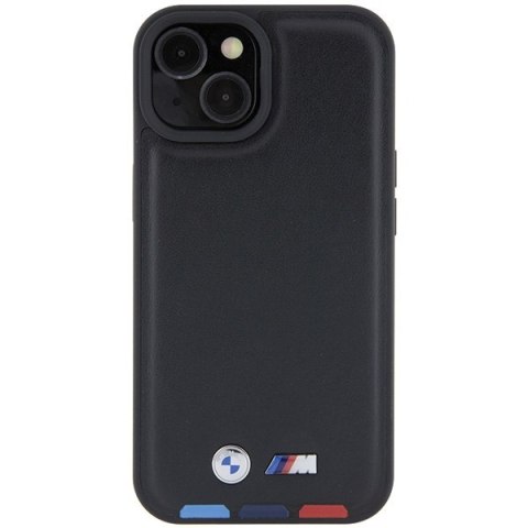 Etui iPhone 15 BMW czarne Leather Stamp Tricolor