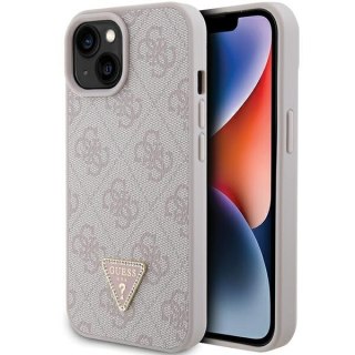 Etui na telefon iPhone 15 Guess różowe hardcase Leather 4G Triangle Strass