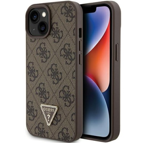 Etui na telefon iPhone 15 Guess brązowe hardcase Leather 4G Triangle