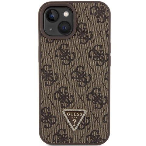 Etui na telefon iPhone 15 Guess brązowe hardcase Leather 4G Triangle