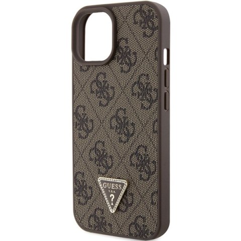 Etui na telefon iPhone 15 Guess brązowe hardcase Leather 4G Triangle