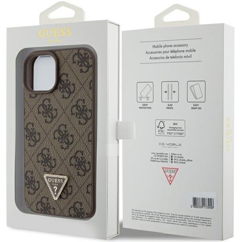 Etui na telefon iPhone 15 Guess brązowe hardcase Leather 4G Triangle