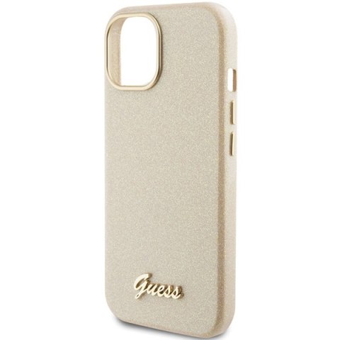 Etui na telefon iPhone 15 Guess złote hardcase Glitter Glossy Script