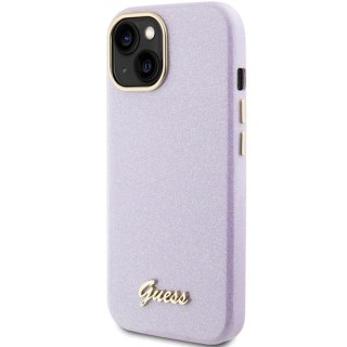 Etui na telefon iPhone 15 Guess liliowe hardcase Glitter Glossy Script