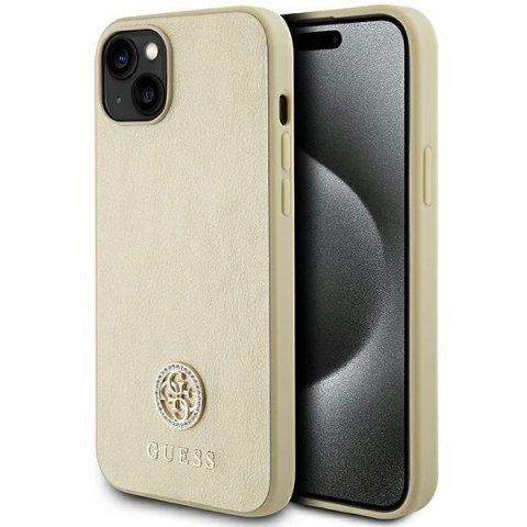 Etui na telefon iPhone 15 Guess złote hardcase skórzane z logo 4G