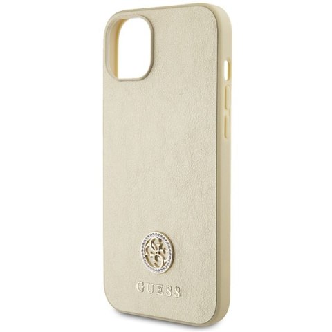 Etui na telefon iPhone 15 Guess złote hardcase skórzane z logo 4G