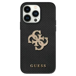 Etui iPhone 15 Guess czarne hardcase Leather Perforated 4G Glitter Logo