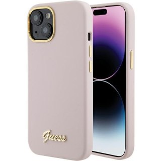 Etui na telefon iPhone 15 Guess różowe silikonowe z logo metalowym