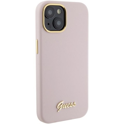 Etui na telefon iPhone 15 Guess różowe silikonowe z logo metalowym