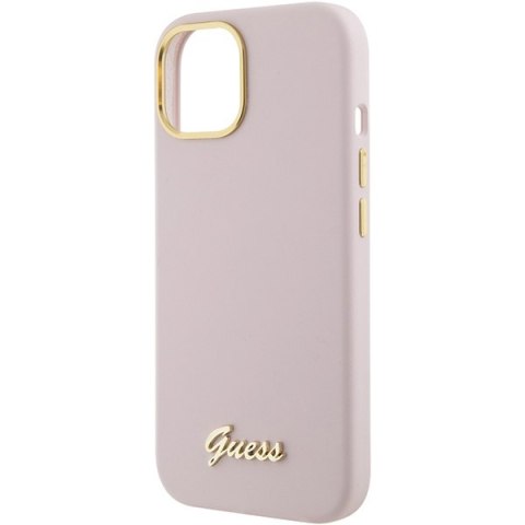 Etui na telefon iPhone 15 Guess różowe silikonowe z logo metalowym