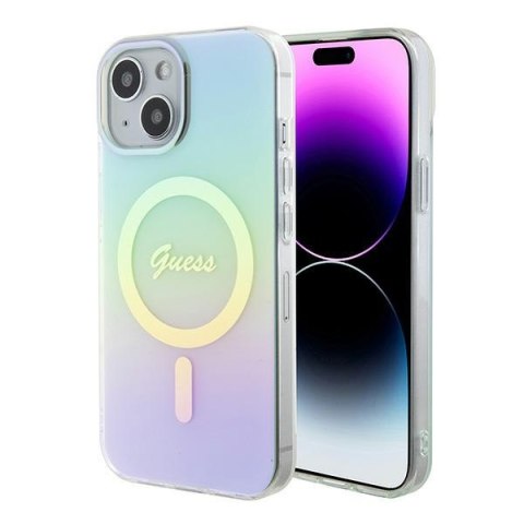 Etui na telefon iPhone 15 Guess IML Iridescent MagSafe turkusowe