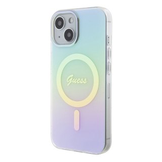 Etui na telefon iPhone 15 Guess IML Iridescent MagSafe turkusowe