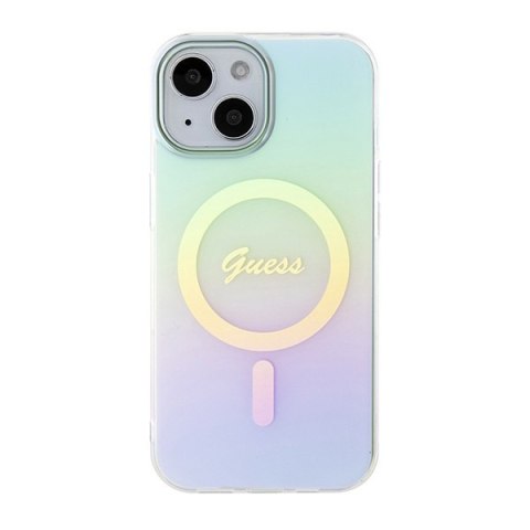 Etui na telefon iPhone 15 Guess IML Iridescent MagSafe turkusowe