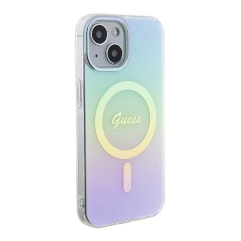 Etui na telefon iPhone 15 Guess IML Iridescent MagSafe turkusowe