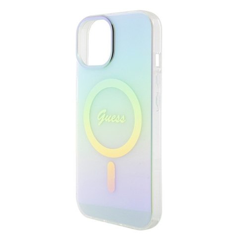 Etui na telefon iPhone 15 Guess IML Iridescent MagSafe turkusowe