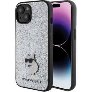 Etui iPhone 15 Karl Lagerfeld srebrne hardcase Fixed Glitter Choupette Logo Metal Pin