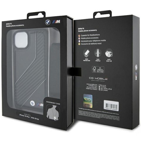 Etui iPhone 15 / 14 / 13 BMW czarne hardcase M Edition Carbon Stripe & Strap